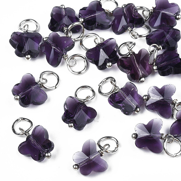

PandaHall Faceted Transparent Glass Charms, with Iron Jump Ring, Butterfly, Dark Slate Blue, 13~14x9.8x6mm, Hole: 4mm Iron+Glass Butterfly