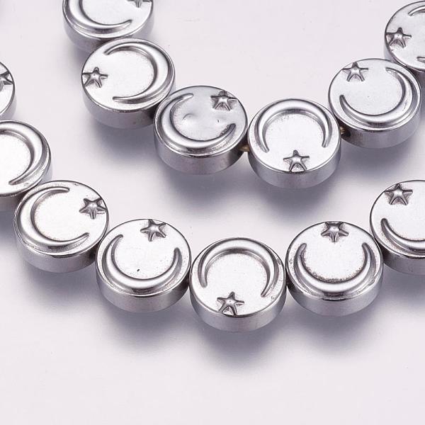 

PandaHall Electroplate Non-magnetic Hematite Beads Strands, Synthetic, Flat Round with Moon and Star, Platinum Plated, 10x4mm, Hole: 1mm...