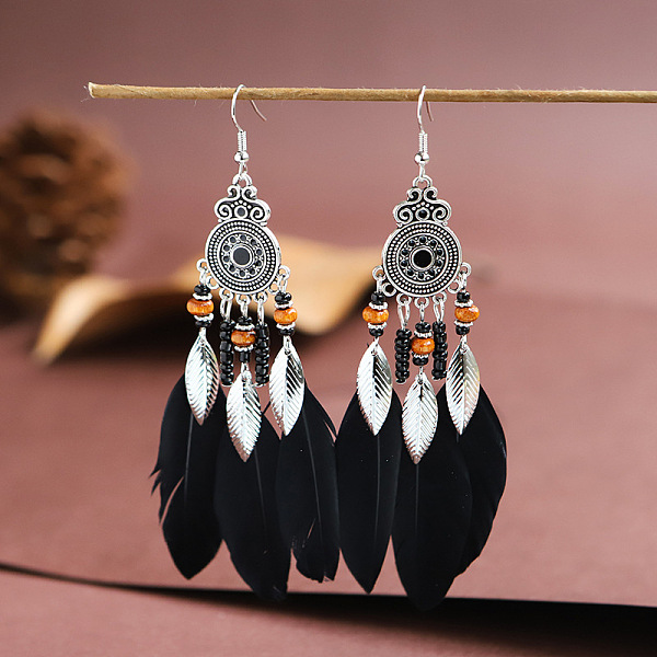 

PandaHall Feather Chandelier Earrings, Antique Silver Plated Alloy Jewelry for Women, Black, 110x22mm Feather Black