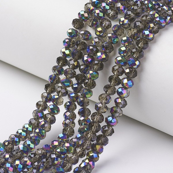 

PandaHall Electroplate Transparent Glass Beads Strands, Half Multi-color Plated, Faceted, Rondelle, Dark Gray, 6x5mm, Hole: 1mm, about...