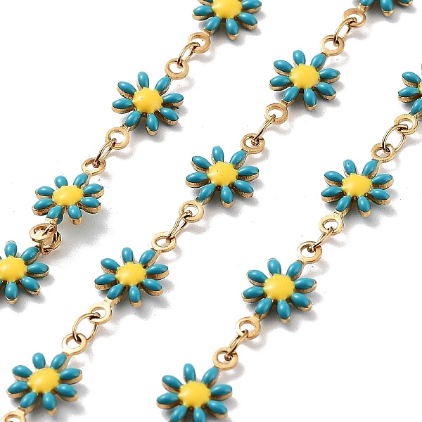 

PandaHall 304 Stainless Steel Handmade Beaded Chain, with Enamel, with Spool, Soldered, Real 18K Gold Plated, Flower, Deep Sky Blue...