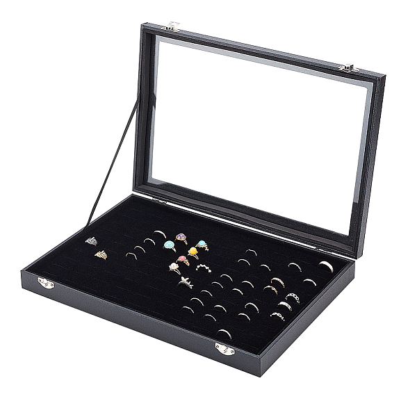 

PandaHall 100 Slot Rectangle Dustproof Wood Jewelry Presentation Box, Glass Window Jewelry Storage Case with Plush Inside, for Rings..., Black