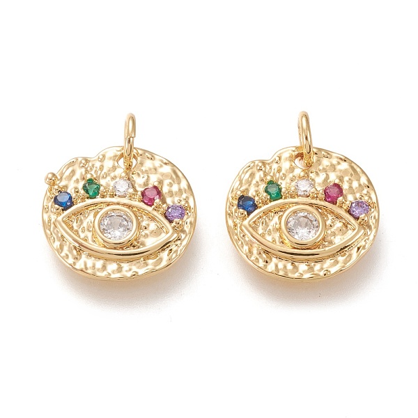 

PandaHall Brass Micro Pave Clear Cubic Zirconia Charms, with Jump Rings, Long-Lasting Plated, Flat Round with Horse Eye, Colorful, Real 18K...