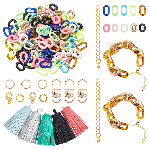 

PandaHall DIY Curb Chain Bracelet Keychain Making Kit, Including Acrylic Linking Rings, Alloy Clasps, PU Leather Tassel Big Pendants..., Multicolor
