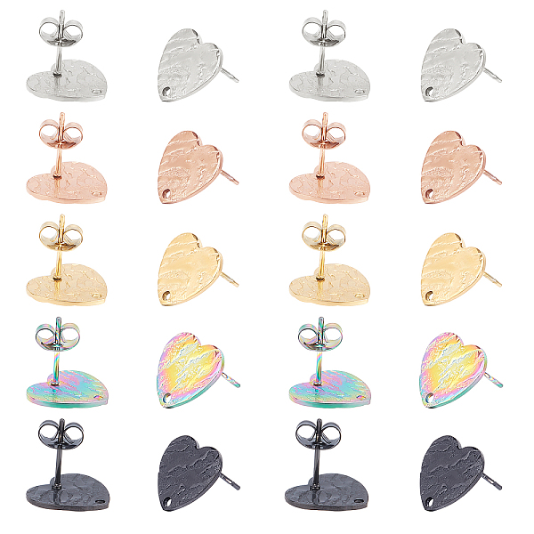 

PandaHall Unicraftale 30Pcs 5 Colors Heart Shape with Textured Vacuum Plating 304 Stainless Steel Stud Earring Findings, with Ear...