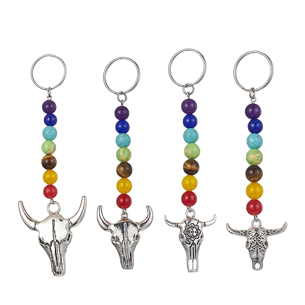 

PandaHall Tibetan Style Alloy Bull Head Kcychain, with Chakra Gemstone Bead and Stainless Steel Findings, 107~122mm, 4pcs/set Mixed Stone..., Multicolor