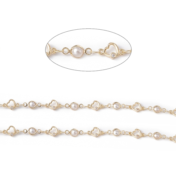 

PandaHall Handmade Eco-friendly Brass Heart & Flat Round Link Chain, with Cubic Zirconia & Glass Pearl Beaded, Real 18K Gold Plated, Lead..., White