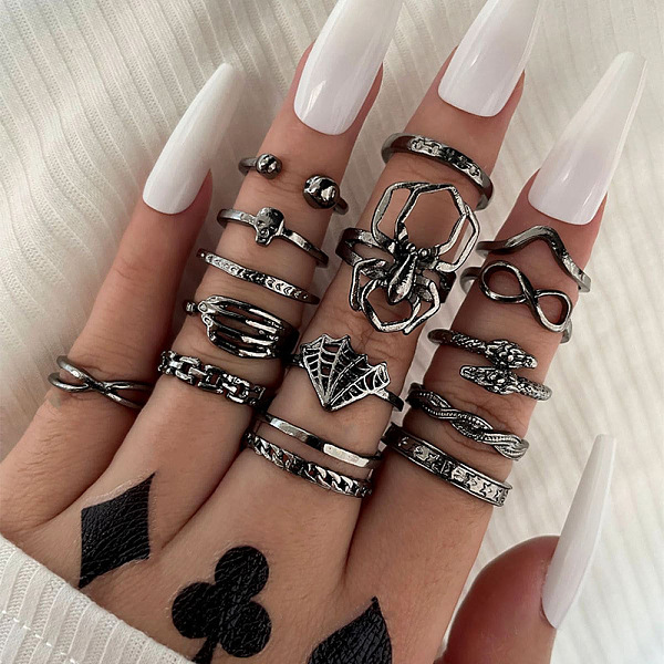 

PandaHall 15Pcs 15 Style Skull & Infinity & Snake & Criss Cross & Spider Alloy Finger Rings Set, Gothic Stackable Rings for Halloween...