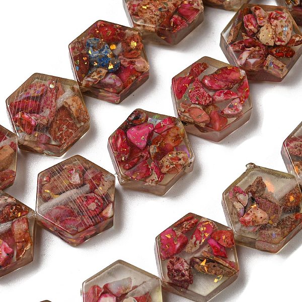 

PandaHall Dyed Natural Imperial Jasper with Resin Beads Strands, Hexagon, Cerise, 18x16x6mm, Hole: 1.5mm, about 10pcs/strand, 6.93 inch..., Red