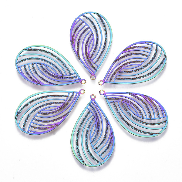 

PandaHall Ion Plating(IP) 304 Stainless Steel Filigree Pendants, Etched Metal Embellishments, Teardrop, Rainbow Color, 32.5x18.5x0.4mm, Hole...