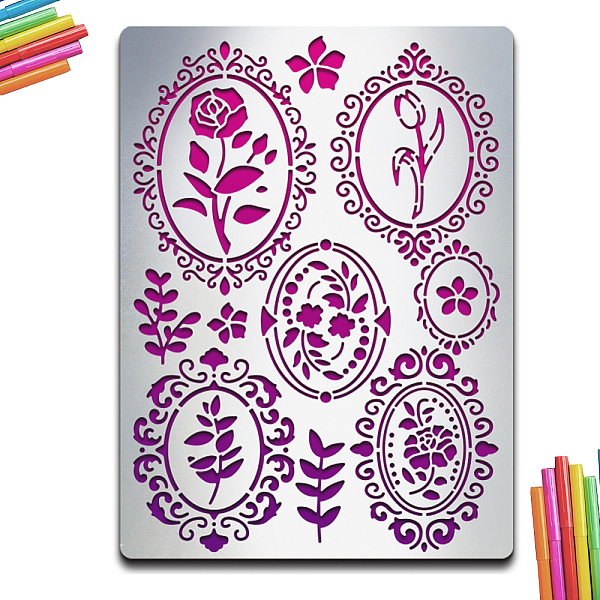 

PandaHall MAYJOYDIY Vintage Flower Metal Stencil Oval Outline Flower Metal Journal Stencil 14×19cm Reusable Stainless Steel Painting Stencil...