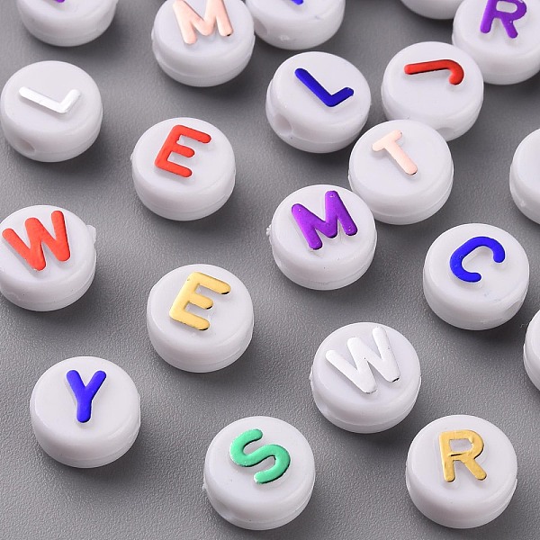 

PandaHall Opaque White Acrylic Beads, with Glitter Powder, Horizontal Hole, Flat Round with Random Letters, Mixed Color, 10x6mm, Hole: 2mm..., Multicolor
