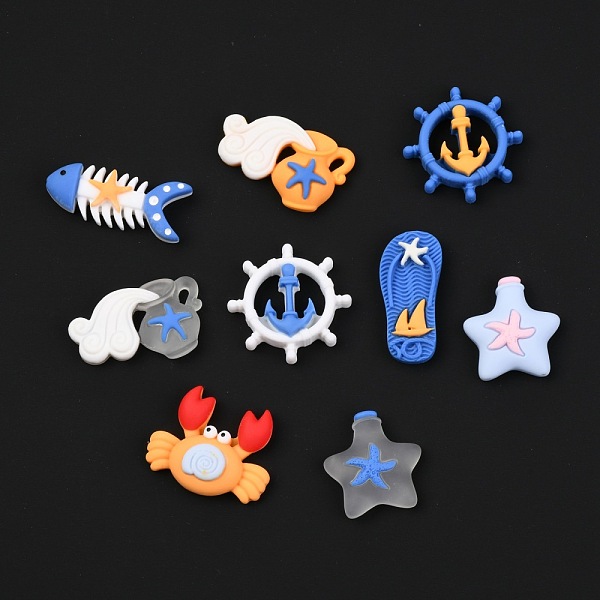 

PandaHall Resin Cabochons, Ocean Theme, Slippers & Crab & Fishbone & Bottle & Helm & Wishing Bottle, Blue, 14~32x15~35x7~9mm Resin Mixed...