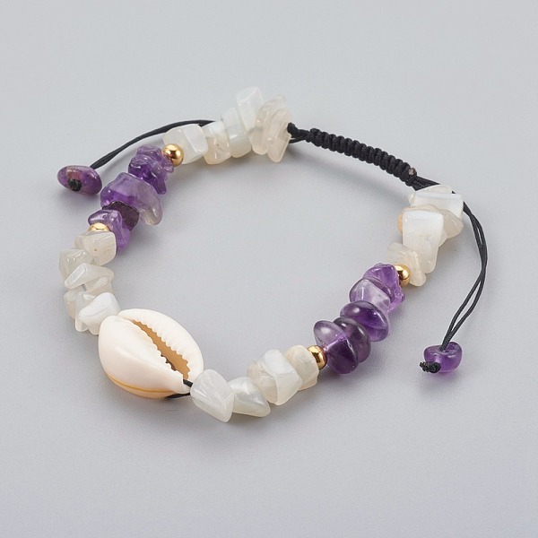 

PandaHall Natural Amethyst & White Moonstone Chip Braided Bead Bracelets, with Cowrie Shell, 1-7/8 inch~3-1/8 inch(4.7~8cm) Amethyst Black