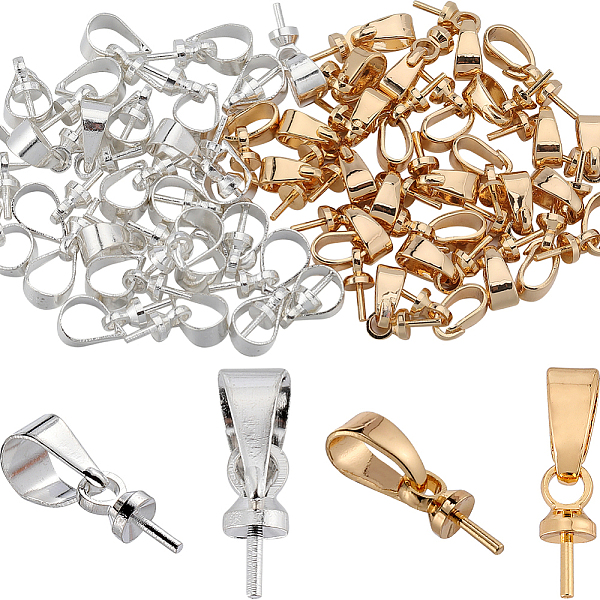 

PandaHall SUNNYCLUE 60Pcs 2 Style Brass Cup Peg Bails, Nickel Free, Golden & Silver, 11~11.5mm, Hole: 3x7mm, Pin: 0.6~0.7mm, 30Pcs/style...