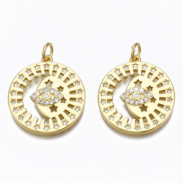 

PandaHall Brass Micro Pave Clear Cubic Zirconia Pendants, with Jump Rings, Nickel Free, Flat Round with Eye, Real 16K Gold Plated, 22x20x2mm...