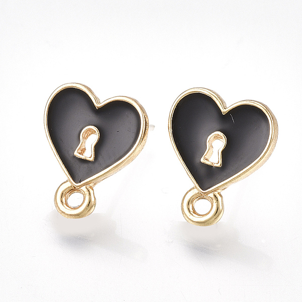 

PandaHall Alloy Stud Earring Findings, with Raw(Unplated) Pins, Enamel and Loop, Heart Lock, Light Gold, Black, 13x10.5mm, Hole: 1.5mm, Pin...