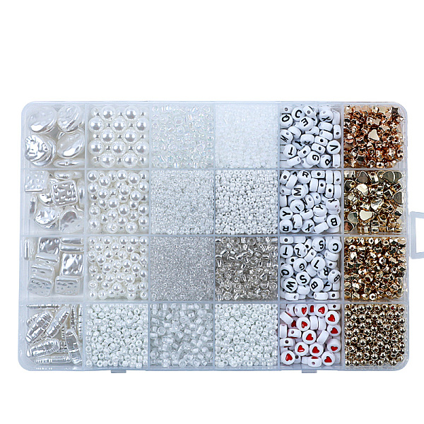 

PandaHall DIY 24 Style Acrylic & ABS Beads Jewelry Making Finding Kit, Flat Round & Star & Barrel & Round & Heart & Strip & Rhombus, White...