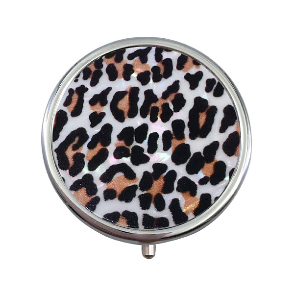 

PandaHall Portable Stainless Steel Pill Box, with Shell and Mirror, 3 Grids Multi-use Travel Storage Boxes, Flat Round, Leopard Print...