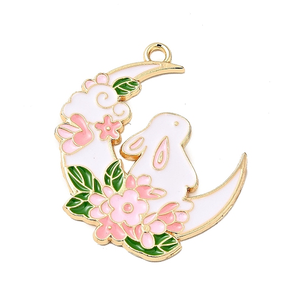 

PandaHall Alloy Enamel Pendants, Moon with Flower & Rabbit, Golden, White, 33x27x1.5mm, Hole: 1.8mm Alloy+Enamel Moon White