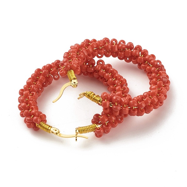 

PandaHall Glass Seed Beaded Hoop Earrings for Women, Real 18K Gold Plated Big Circle Brass Hoop Earrings, Chocolate, 44x45x8.5mm, Pin..., Brown