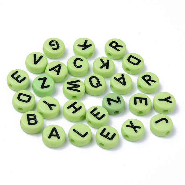 

PandaHall Opaque Acrylic Beads, Horizontal Hole, Flat Round with Black Random Letters, Lawn Green, 10x4.5mm, Hole: 2mm, about 1600pcs/500g...