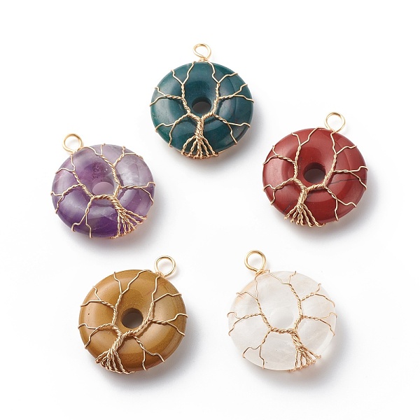 

PandaHall Natural Mixed Gemstone Pendants, with Eco-Friendly Copper Wire Wrapped, Donut/Pi Disc Charm with Tree, Real 18K Gold Plated...