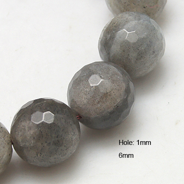 PandaHall Natural Labradorite Beads Strands, Faceted, Round, Gray, 6mm, Hole: 1mm, about 63pcs/strand, 15.5 inch Larvikite Round Gray