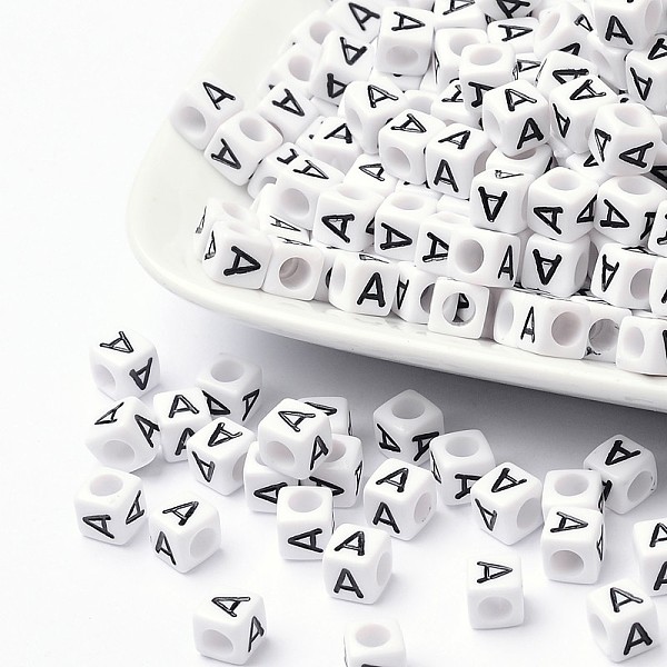 Acrylic Letter beads, Letter A, Cube, 6mm in diameter, about 2600pcs, hole: about 3.2mm, 2600pcs/500g