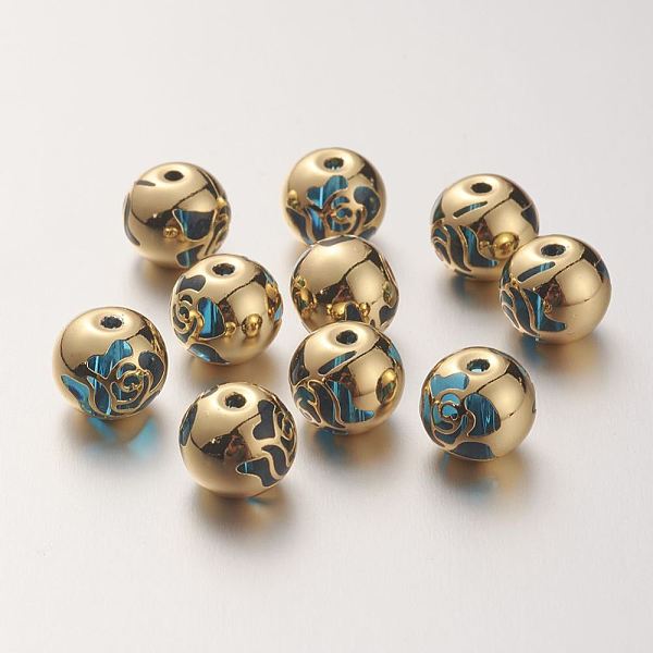 

PandaHall K9 Glass Beads, Covered with Brass, Round with Rose Pattern, Real 22K Gold Plated, Deep Sky Blue, 10.2x9.2mm, Hole: 1.5mm Glass...