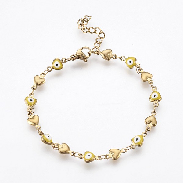 

PandaHall Ion Plating(IP) 304 Stainless Steel Link Chain Bracelets, with Enamel and Lobster Claw Clasps, Heart with Evil Eye, Yellow, 7-1/4...