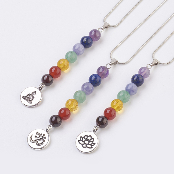 

PandaHall Chakra Jewelry, Natural Gemstone Pendant Necklaces, with Brass Chain and Alloy Findings, Flat Round, 15.9 inch (40.5cm), Pendant...