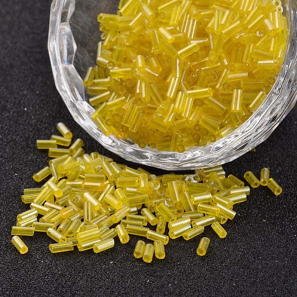 

PandaHall Transparent Colours Pearl Luster Plated Round Hole Glass Bugle Beads, Yellow, 2~5x1.8~2mm, Hole: 0.8mm, about 12000pcs/450g Glass...