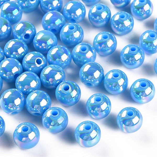 

PandaHall Opaque Acrylic Beads, AB Color Plated, Round, Deep Sky Blue, 10x9mm, Hole: 2mm, about 940pcs/500g Acrylic Round
