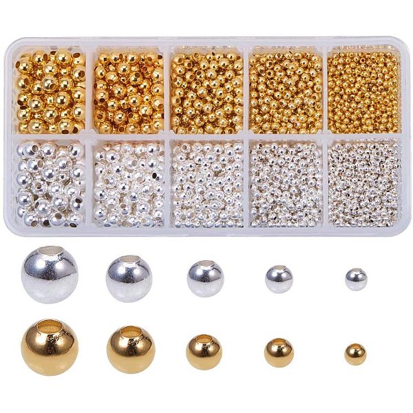 

PandaHall Brass Spacer Beads, Seamless, Round, Golden & Silver, 2.4~6mm, Hole: 0.8~2.5mm, about 2340pcs/box Brass Rondelle