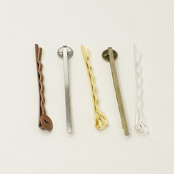 

PandaHall Iron Hair Bobby Pin Findings, Mixed Color, about 2mm wide, 52mm long, 2mm thick, Tray: 8mm Iron