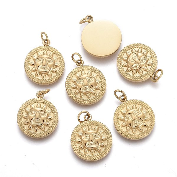 

PandaHall Ion Plating(IP) 304 Stainless Steel Charms, with Jump Ring, Flat Round with Sun, Golden, 14.5x12x2.3mm, Hole: 2.8mm 304 Stainless...