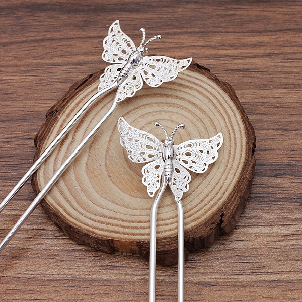 

PandaHall Brass Hair Fork Findings, with Butterfly Filigree Findings, Silver, 135x12x2mm Brass
