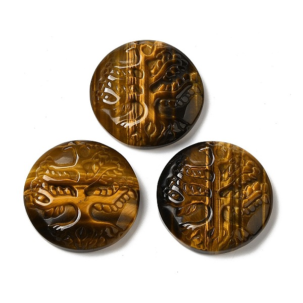 

PandaHall Natural Tiger Eye Pendants, Flat Round Charms with Engraved Tree of Life, 35~37x7.5~9.5mm, Hole: 1.5mm Tiger Eye Tree of Life
