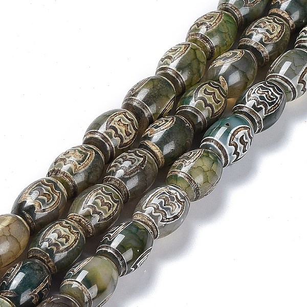 

PandaHall Tibetan Style dZi Beads Strands, Natural Agate Beads, Dyed & Heated, Oval, Roc/Peng Pattern, 13~14x9.5~10mm, Hole: 1.2mm, about...