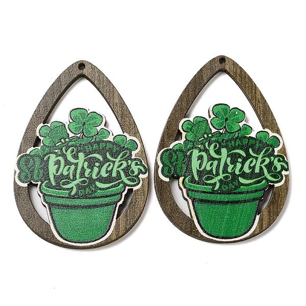 

PandaHall Saint Patrick's Day Single Face Printed Wood Big Pendants, Teardrop Charms with Clover, Green, 54x37.5x2.5mm, Hole: 1.5mm Wood...