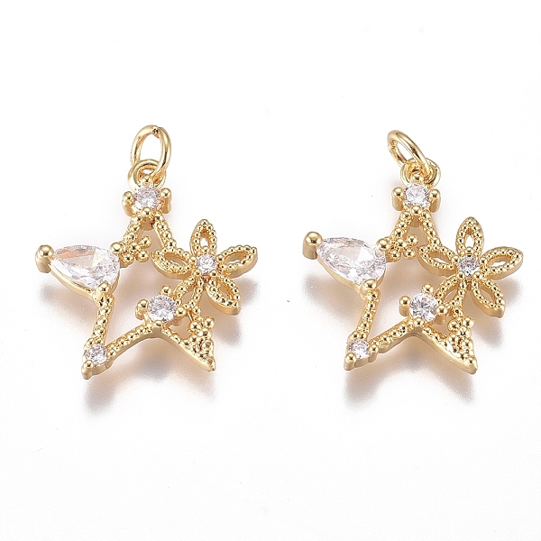 

PandaHall Brass Micro Pave Cubic Zirconia Pendants, Long-Lasting Plated, with Jump Ring, Star with Flower, Clear, Golden, 16x15x3mm, Hole...