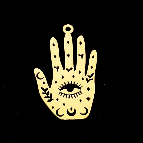 

PandaHall 201 Stainless Steel Pendants, Laser Cut, Palm with Eye, Golden, 30x18x1mm, Hole: 1.6mm 201 Stainless Steel Palm