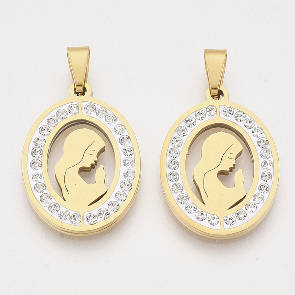

PandaHall 201 Stainless Steel Pendants, for Mothers' Day, with Random Size Snap On Bails and Polymer Clay Crystal Rhinestones, Oval with Mom..., Clear