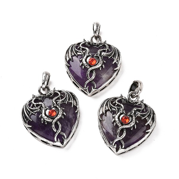 

PandaHall Natural Amethyst Pendants, Heart Charms, with Rack Plating Antique Silver Tone Hyacinth Rhinestone Dragon Wing Findings..., Red