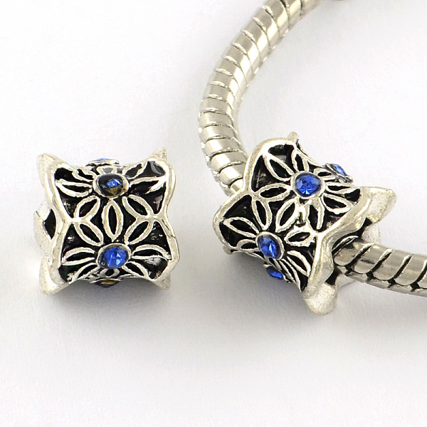 

PandaHall Antique Silver Plated Alloy Rhinestone Large Hole European Beads, Column with Flower, Sapphire, 9x10mm, Hole: 5mm Alloy+Rhinestone..., Blue