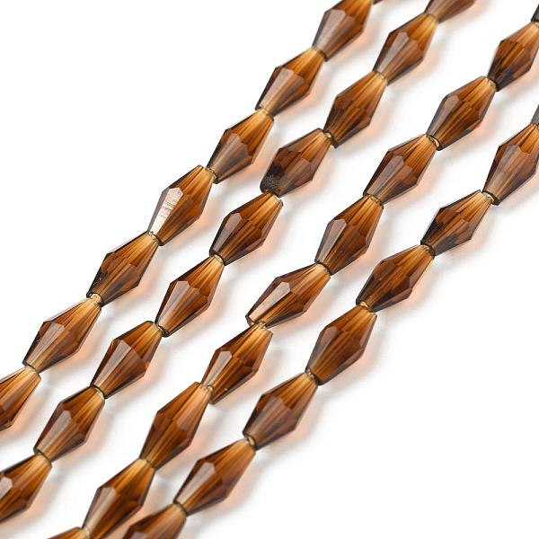

PandaHall Transparent Glass Beads, Faceted, Bicone, Saddle Brown, 8x4mm, Hole: 0.8mm, about 70pcs/Strand, 22.99''(58.4cm) Glass Bicone