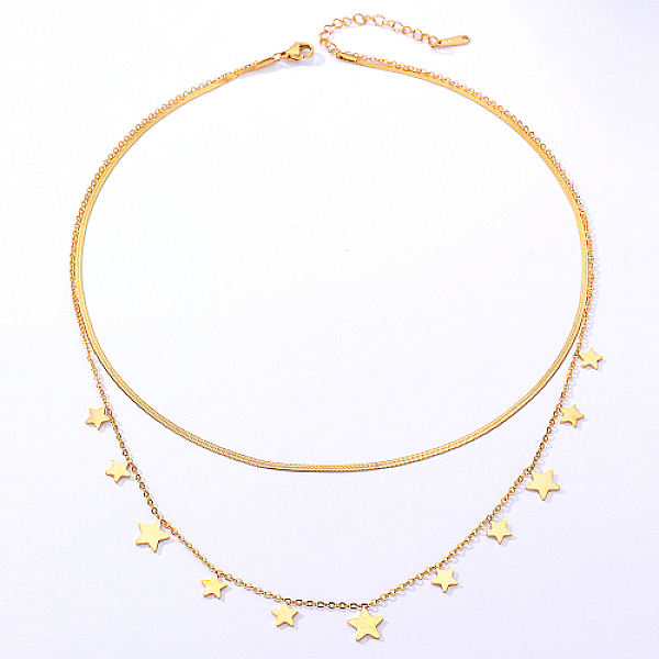 

PandaHall Stainless Steel Cable & Herringbone Chains Double Layer Necklaces, with Star Charms, Real 18K Gold Plated, 15-3/4 inch(40cm)...