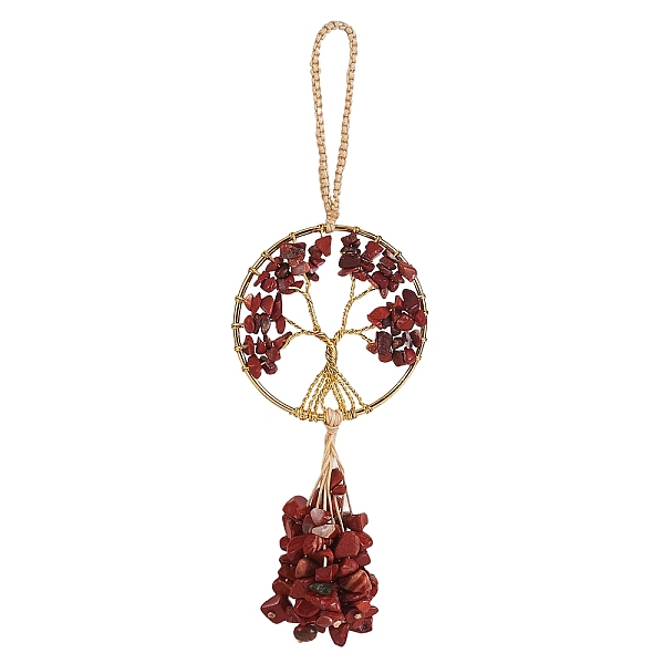 

PandaHall Wire Wrapped Chips Natural Red Jasper Big Pendant Decorations, with Brass Wires and Nylon Cord, Flat Round with Tree of Life...