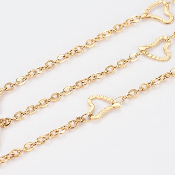 

PandaHall Ion Plating(IP) 304 Stainless Steel Cable Chains, with Heart Links, Soldered, with Spool, Flat Oval, Golden, 2.5x2x1mm, about 32.8...